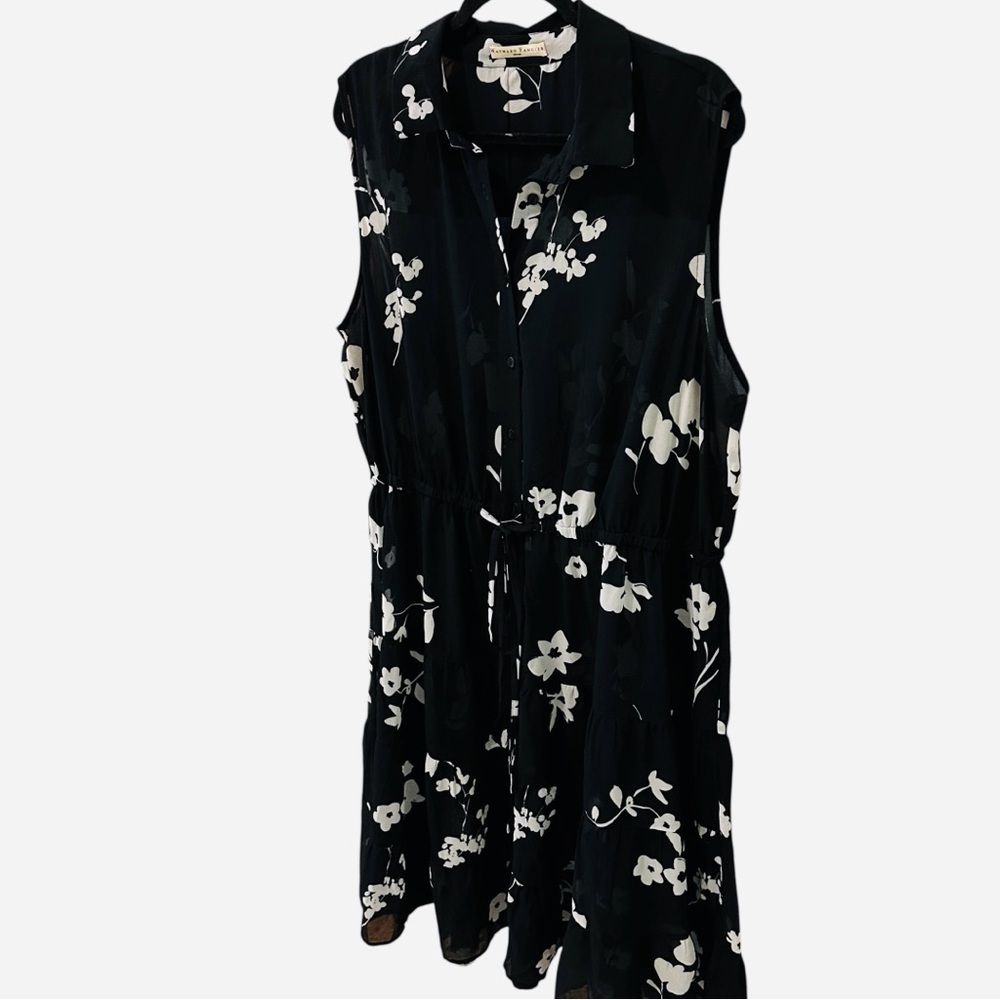 Wayward Fancies sheer sleeveless black white floral button down tiered dress - Picture 3 of 10